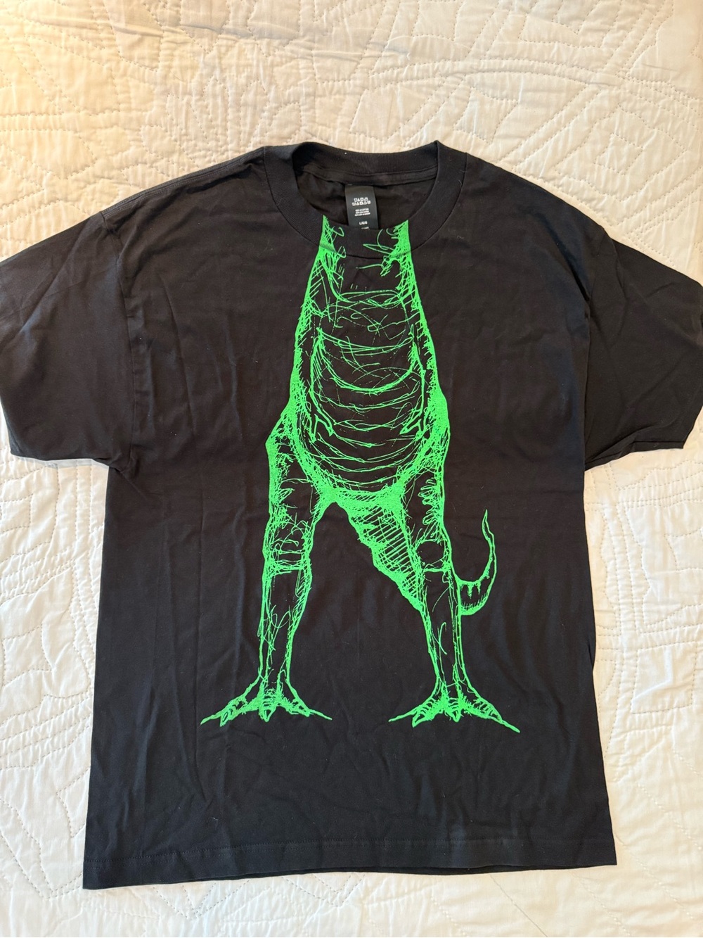 Black T-Shirt with Neon Green Dinosaur Print